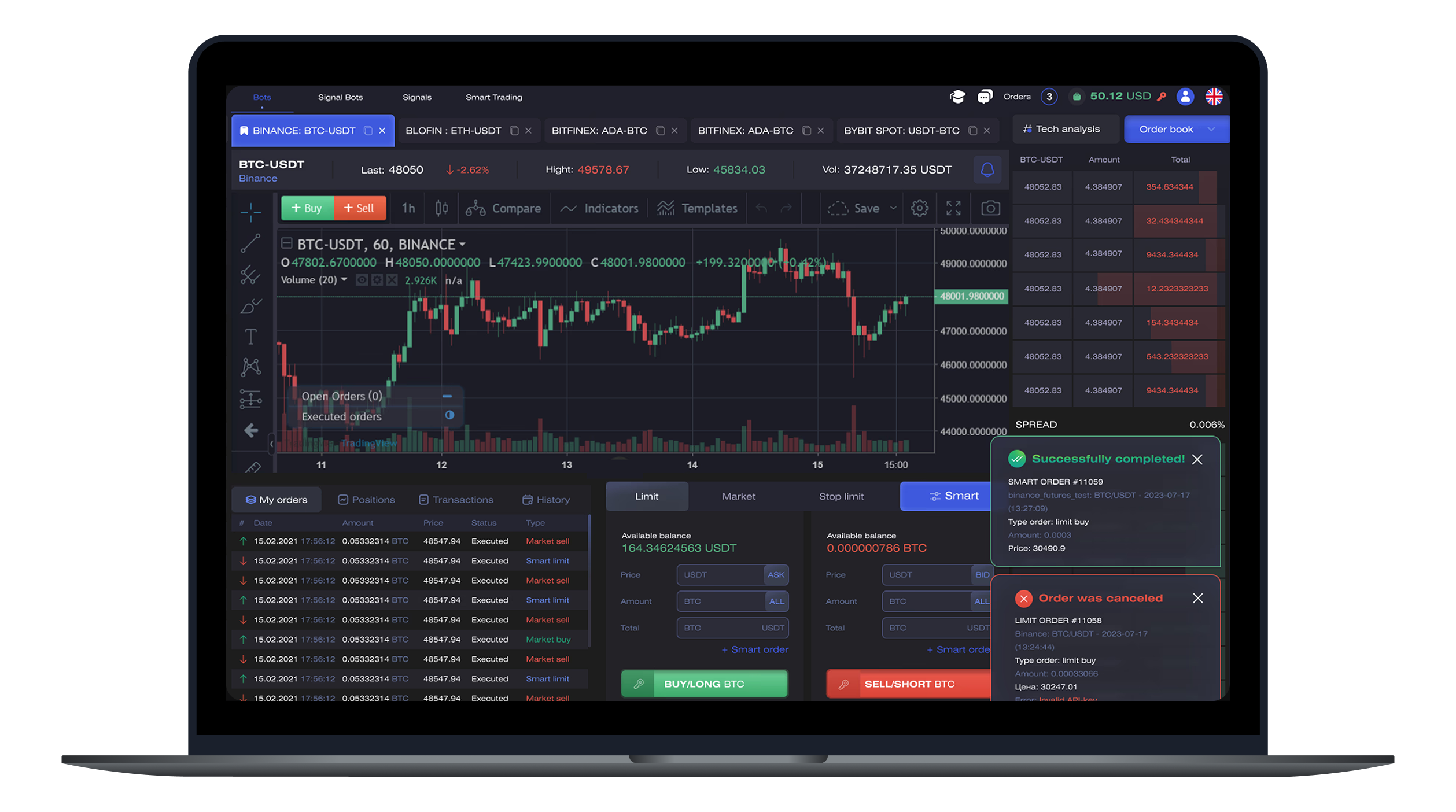 Crypto trading terminal on a laptop — chart, order book and smart order panel