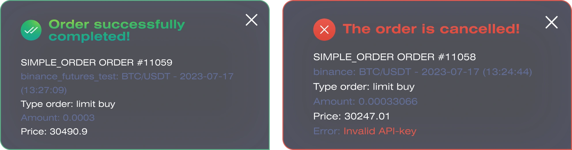 Completed and cancelled order notifications with the order details and a named failure cause