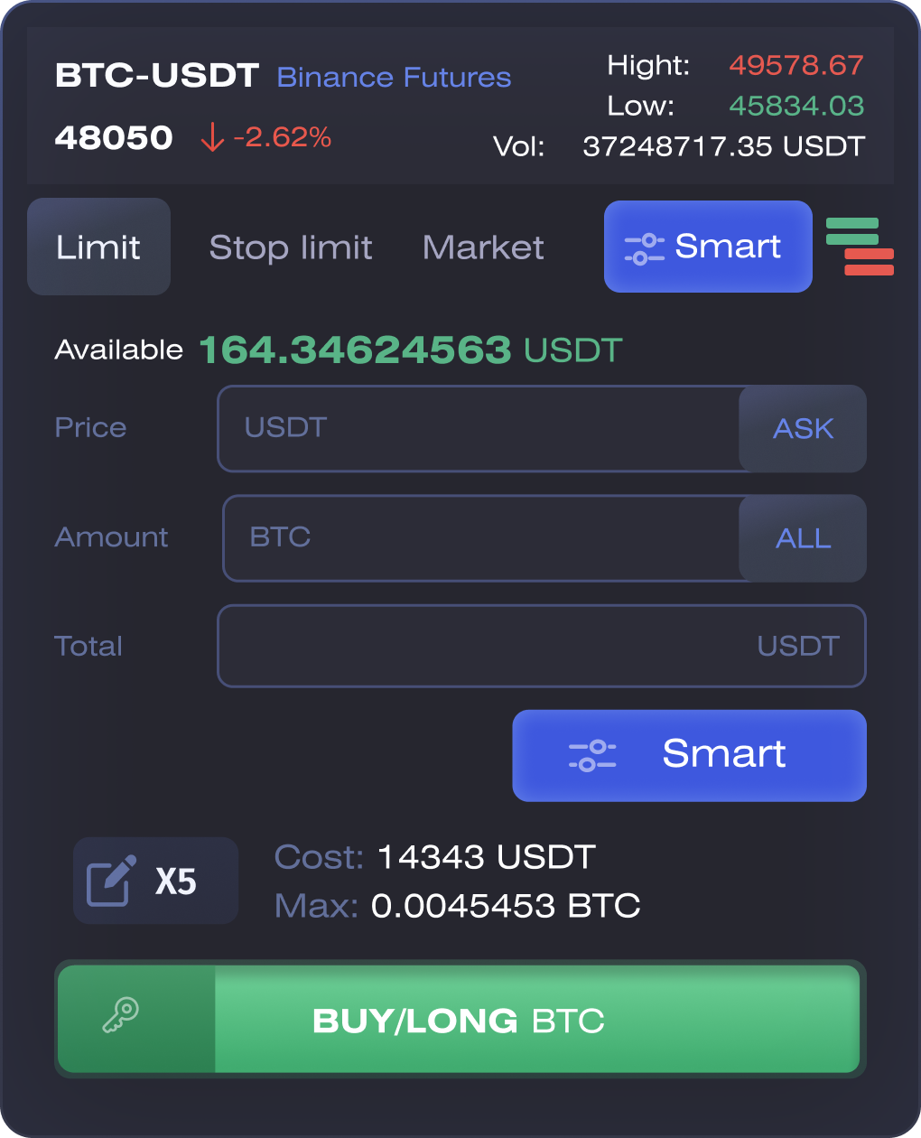 Mobile trading — pair header with high, low and volume, order type tabs, amount with leverage, and the buy action