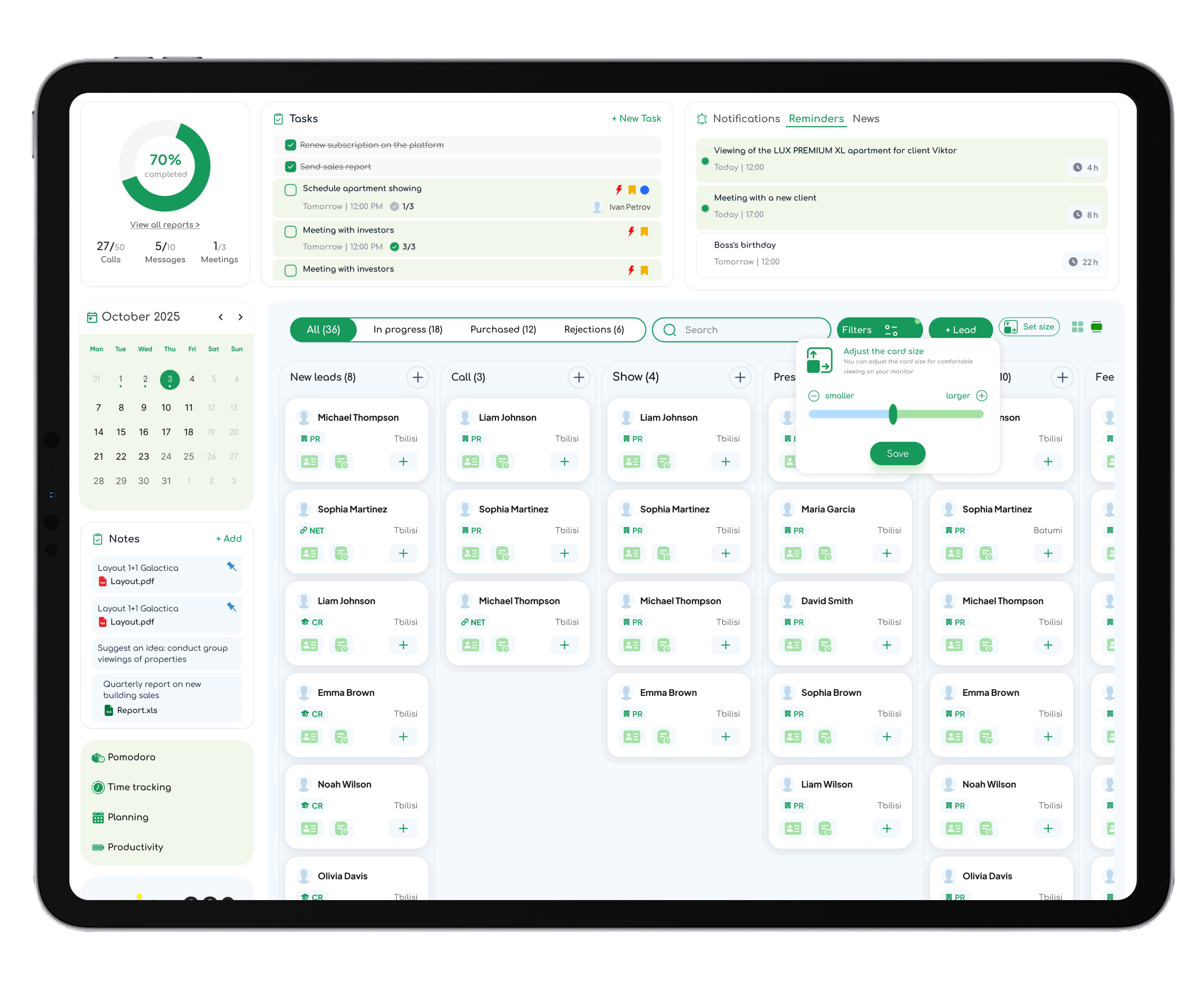 Realtor CRM on a tablet — deal kanban from new lead to contract, with tasks, reminders and a calendar