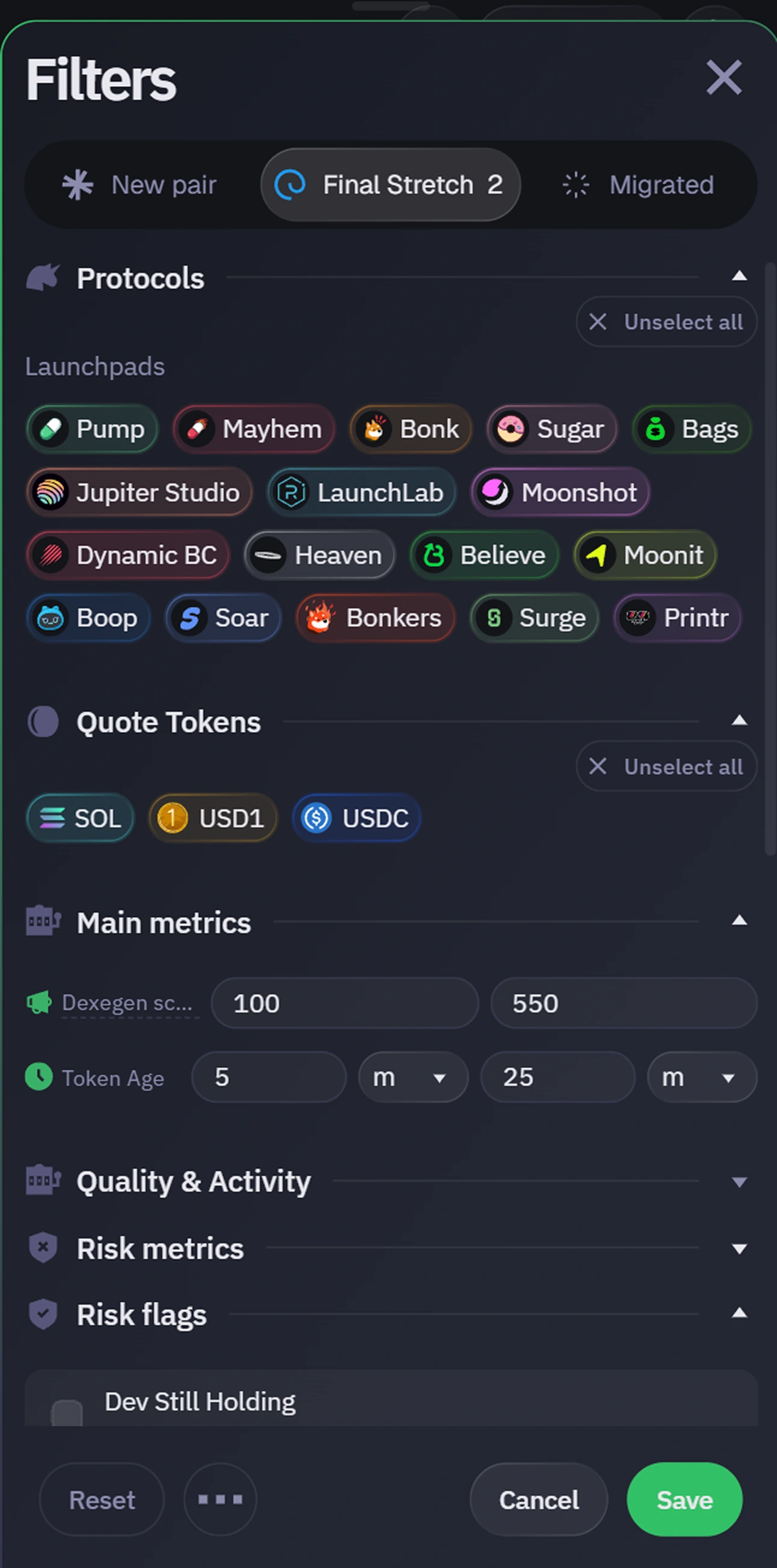 Market filters — migration stage, protocol chips, quote tokens and grouped metric controls