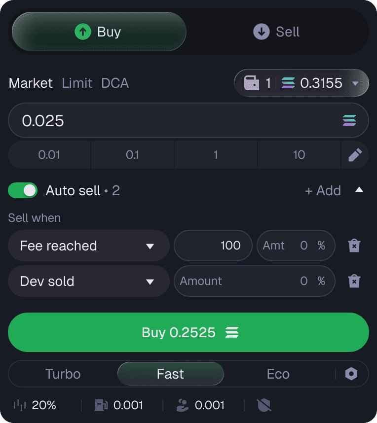 Auto-sell conditions configured: fee reached, dev sold