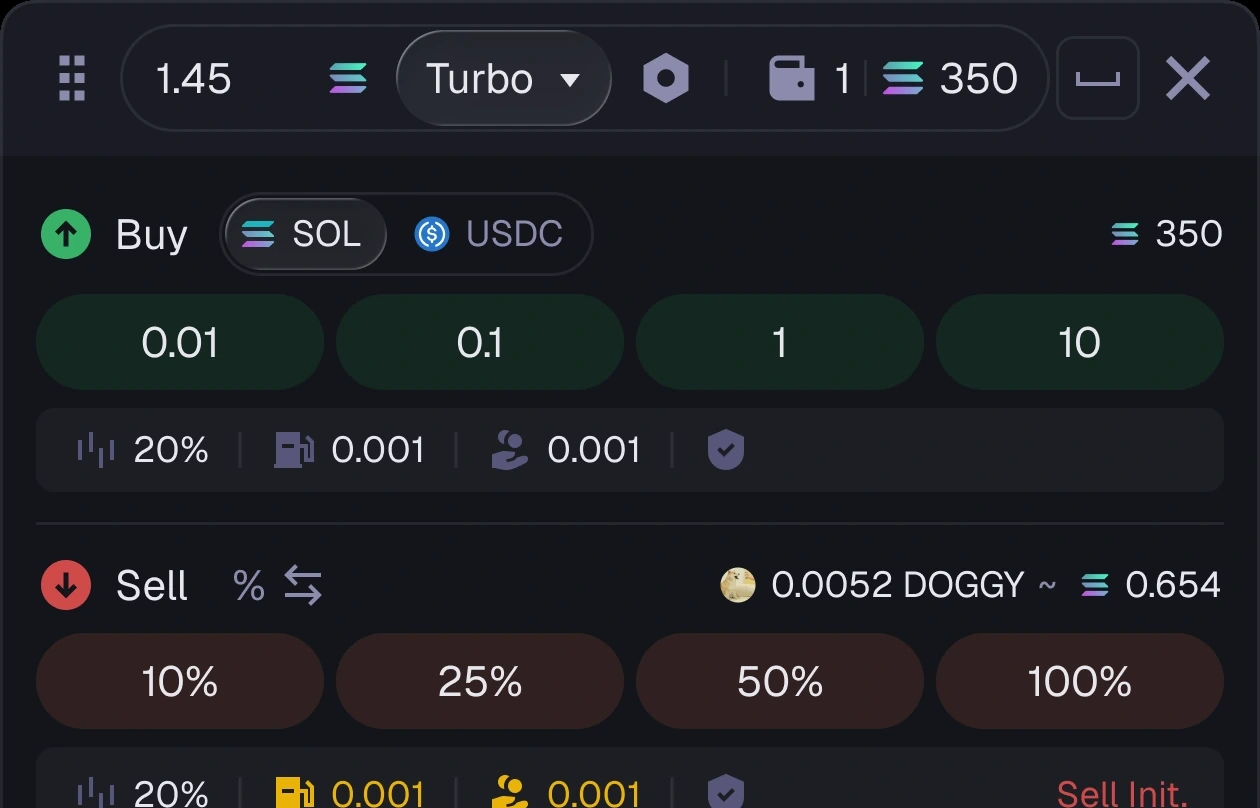 Compact buy and sell panel — preset amounts, slippage, priority fee and a sell percentage row