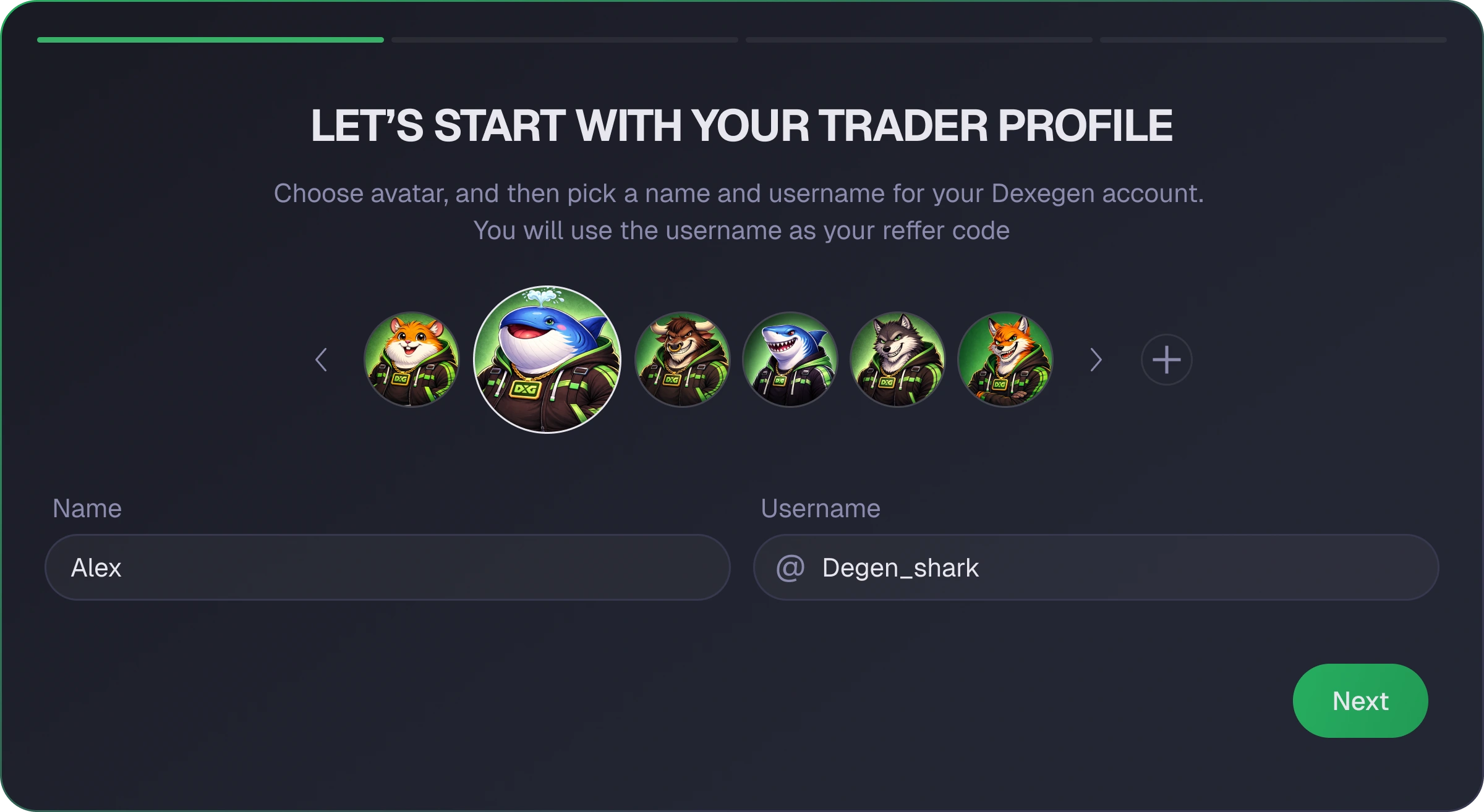 Trader profile onboarding — avatar selection, name and username fields, and a clear next step
