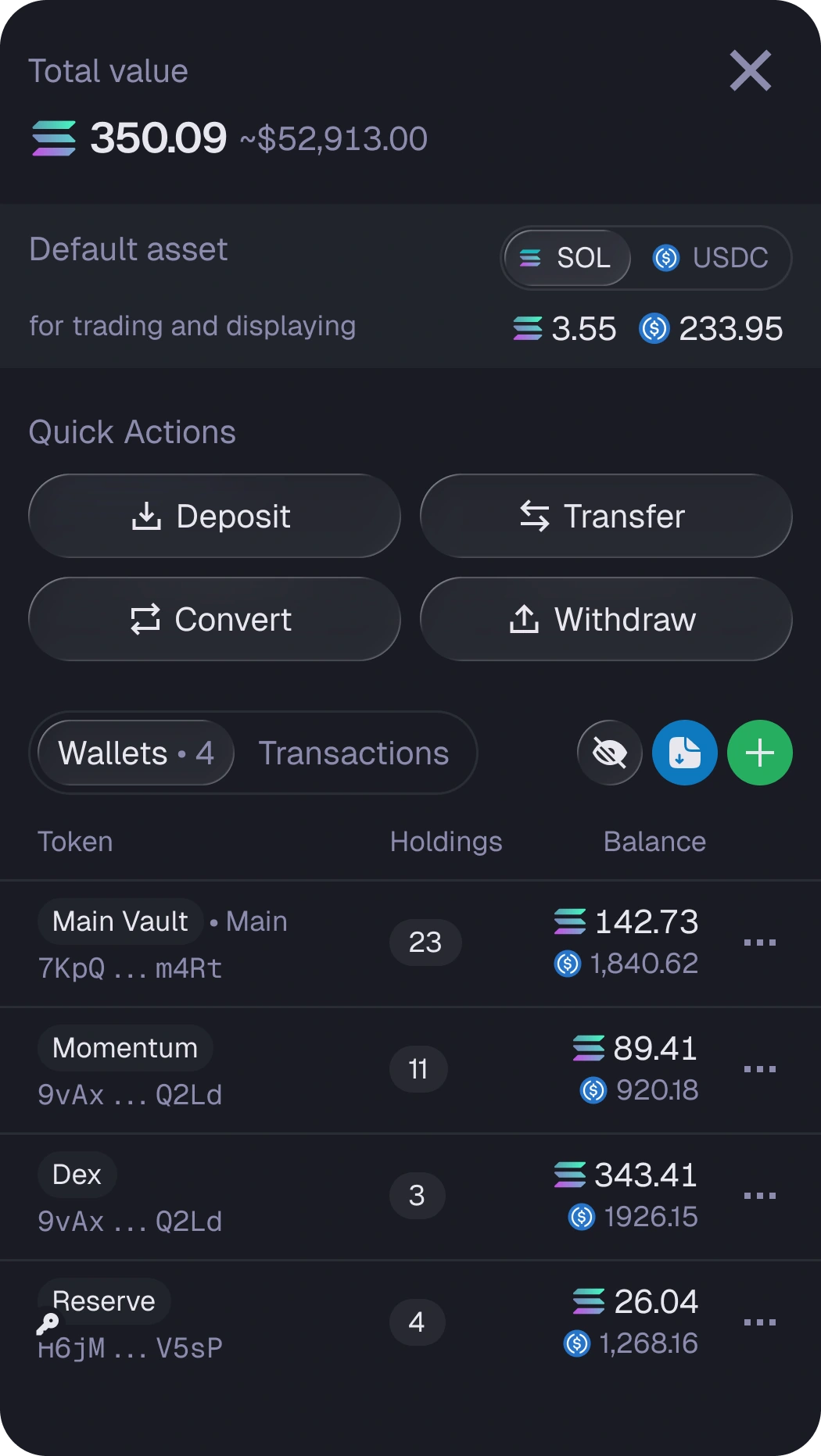Mobile wallets screen — total value, default asset, quick actions and wallet balances