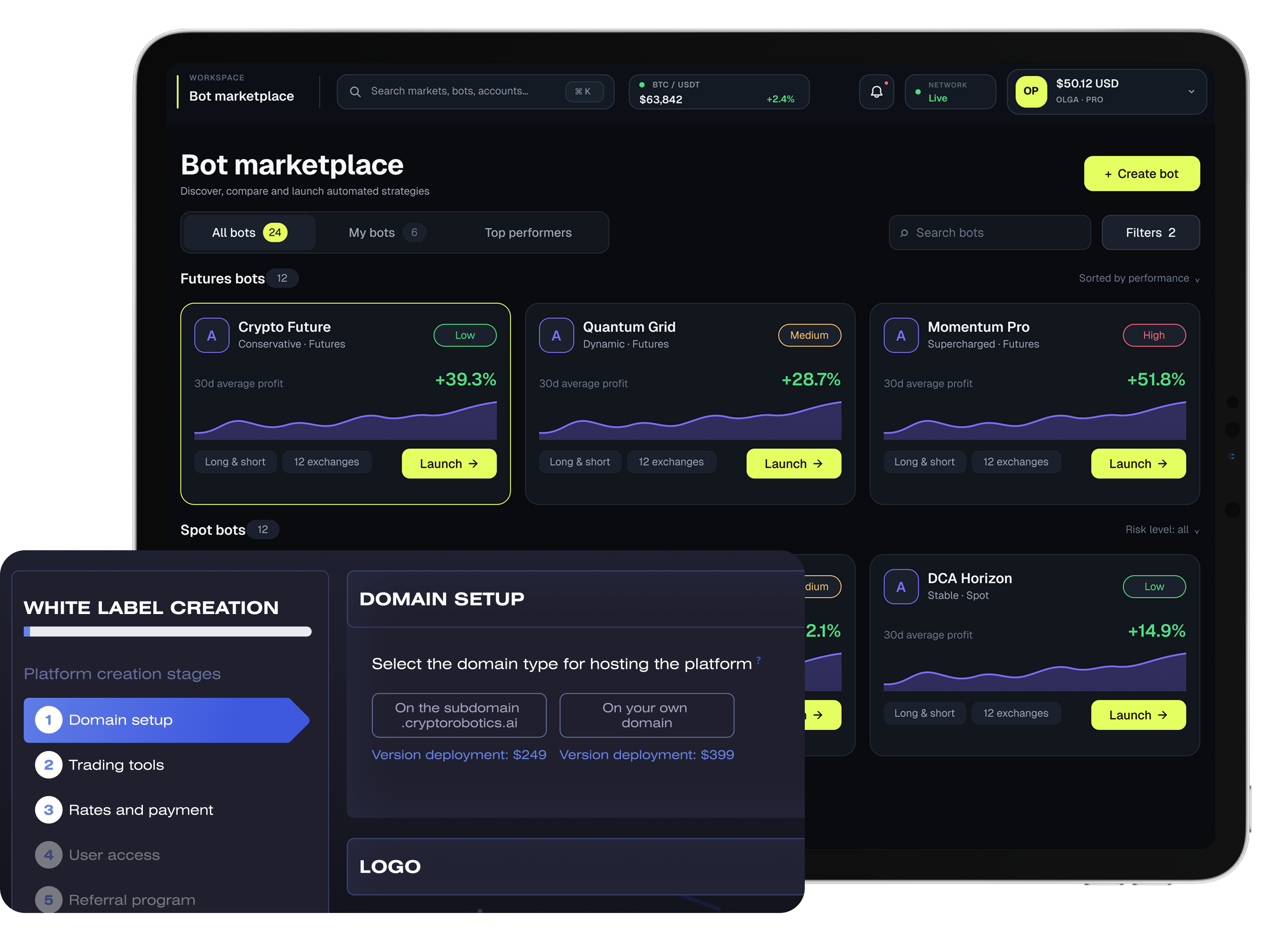 Партнёрская платформа на white label: маркетплейс ботов под собственным брендом на планшете, перед ним открытый мастер создания платформы из шести шагов