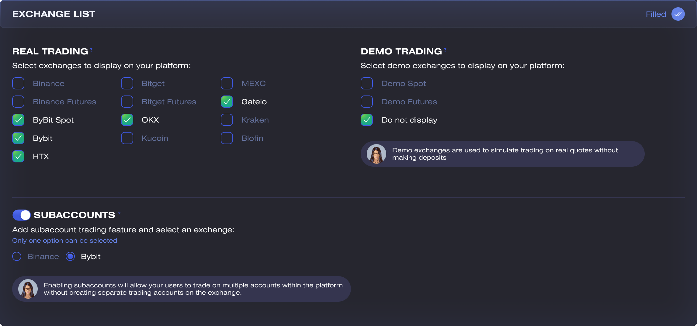 Exchange list step — a grid of exchanges to display for real trading, a separate demo-trading column, and a subaccounts toggle with an exchange picker