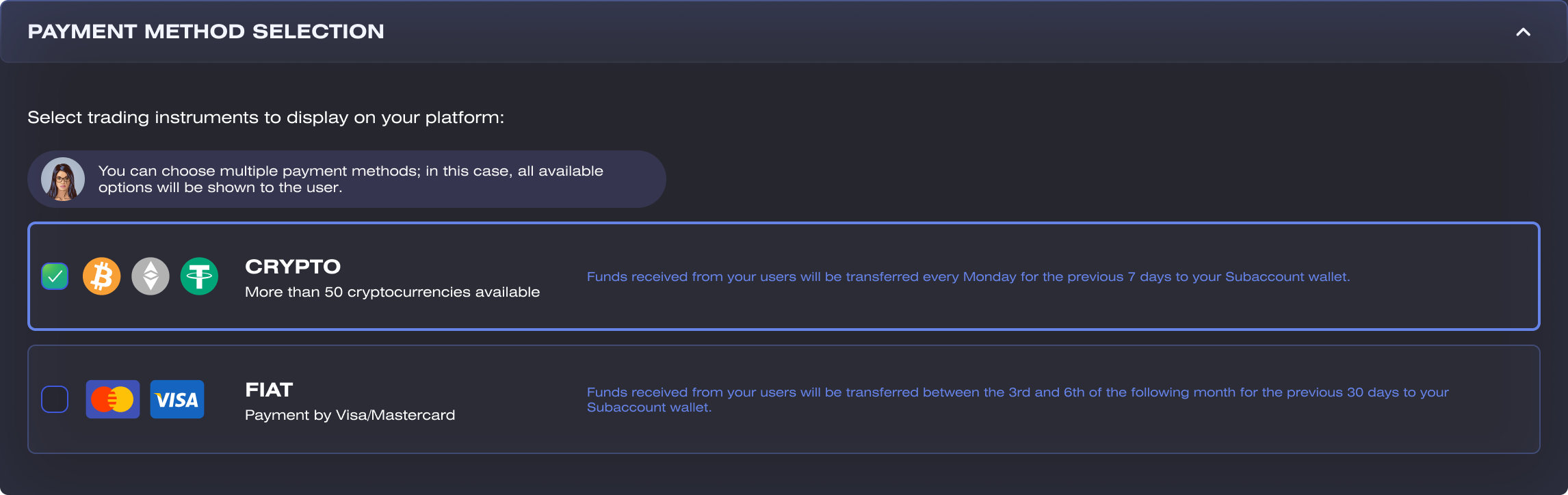 Payment method selection — crypto with over fifty currencies and fiat by Visa or Mastercard, each stating when funds are transferred to the partner's subaccount wallet
