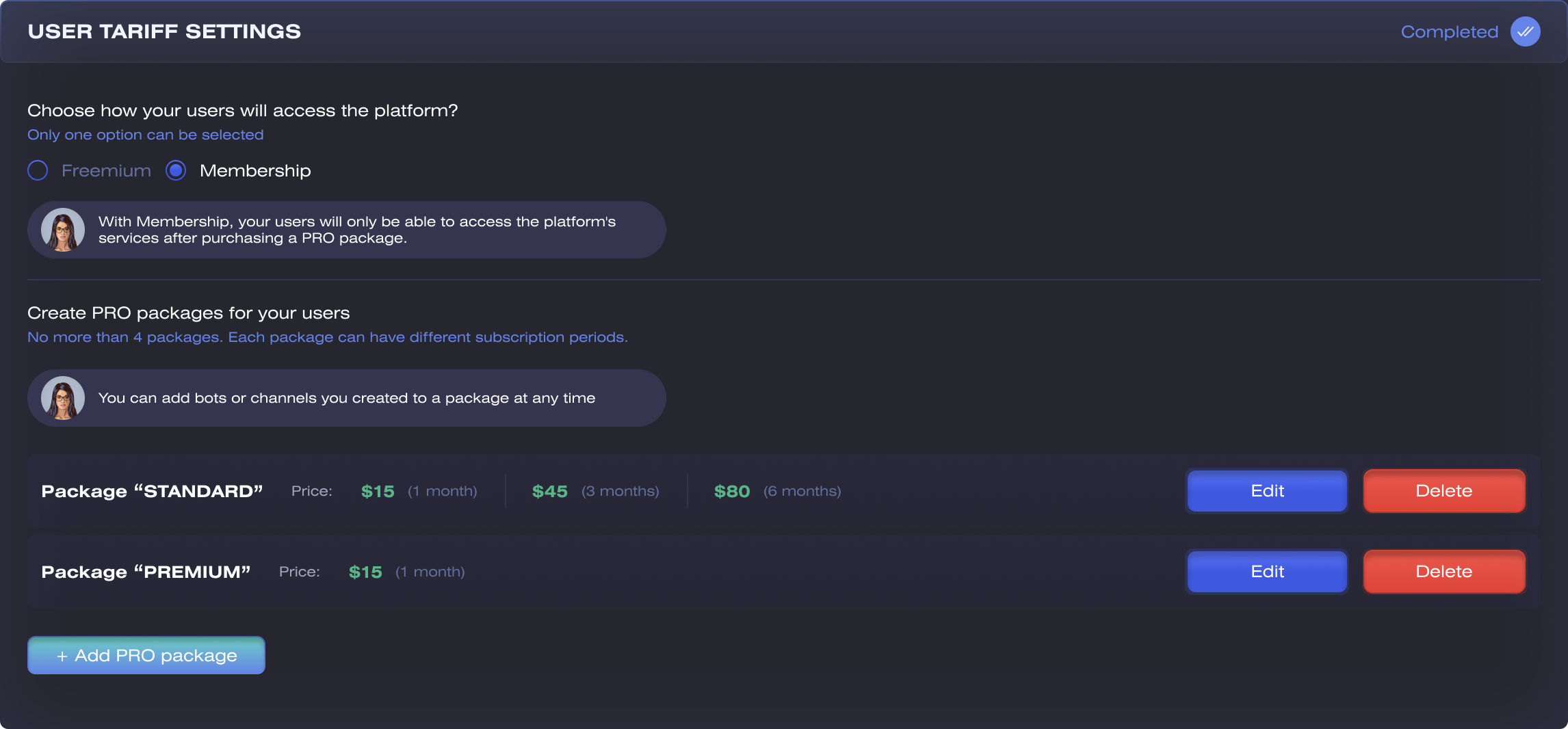 User tariff settings — a choice between Freemium and Membership with the consequence of each explained, then a list of PRO packages with prices for one, three and six months