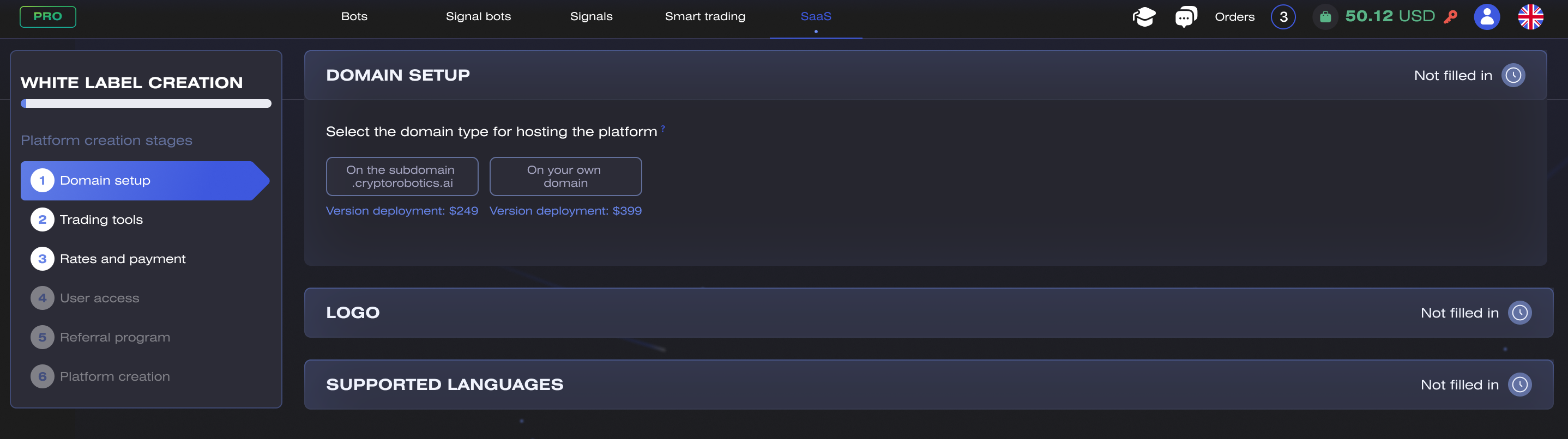 White Label Creation wizard — a six-stage sidebar showing domain setup, trading tools, rates and payment, user access, referral programme and platform creation, with the domain step open and two priced options